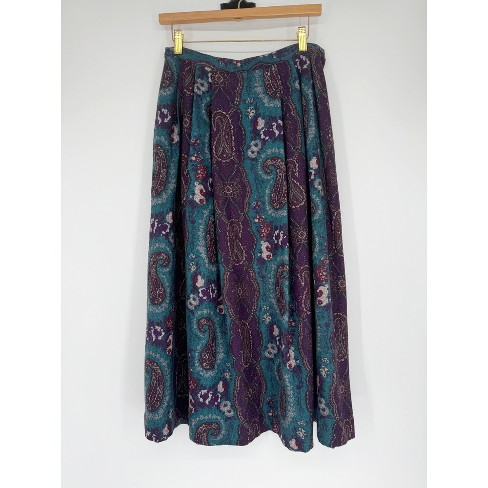 Vintage 90s Moorgate Wool Paisley Pleated Midi Skirt 12 Dark Academia Boho USA